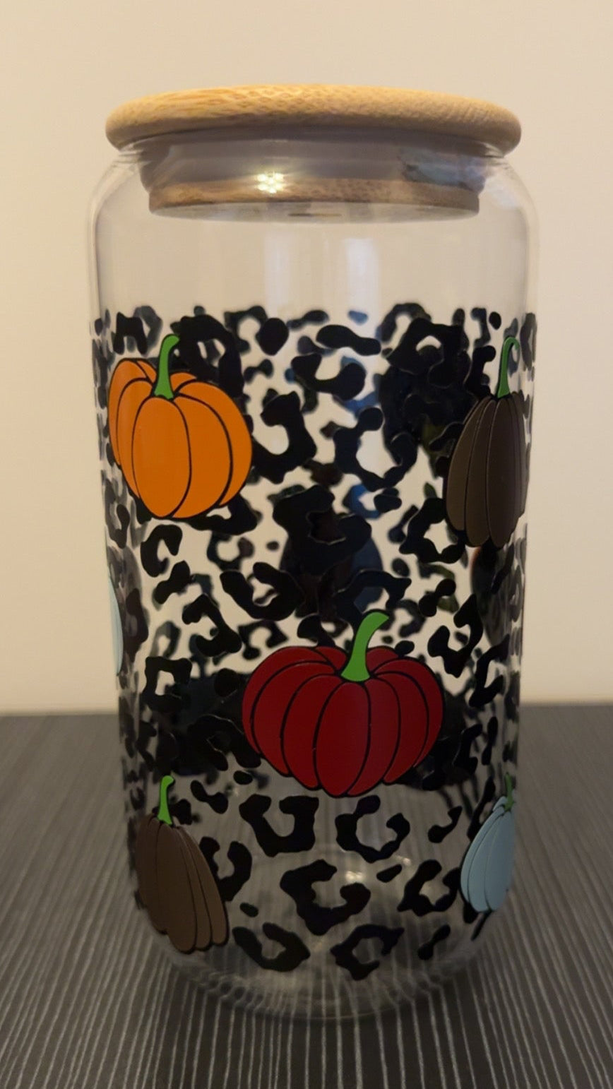 Cheetah Print Pumpkin 16oz Glass Tumbler